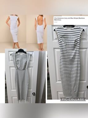 Lulus chic existence ivory and blue striped backless midi dress